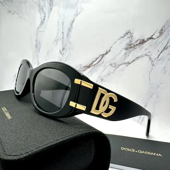 New Dolce & Gabbana Sunglasses Black Oval Acetate Gold Metal DG Gray Lens - Picture 5 of 16